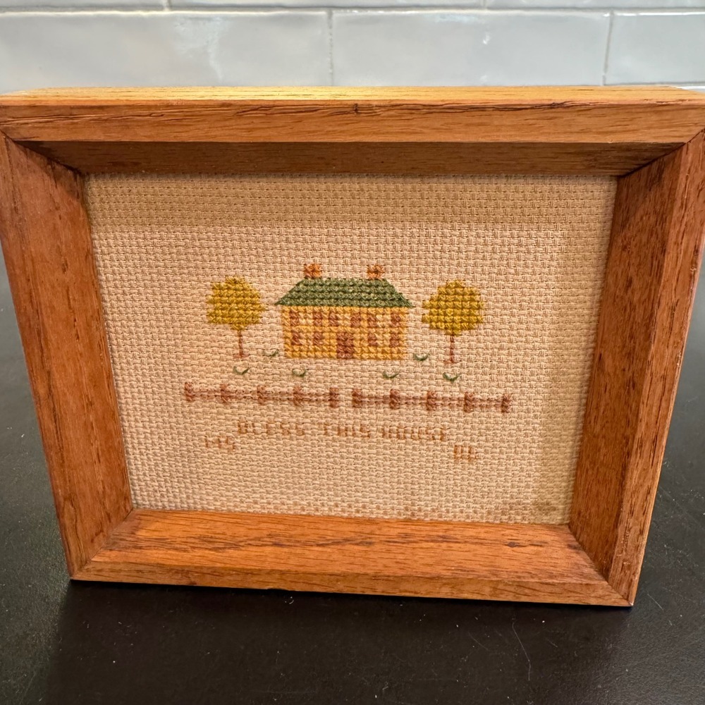 Handmade Framed Cross Stitch Art Small Tan Bless This House 1986 Folk Art Decor